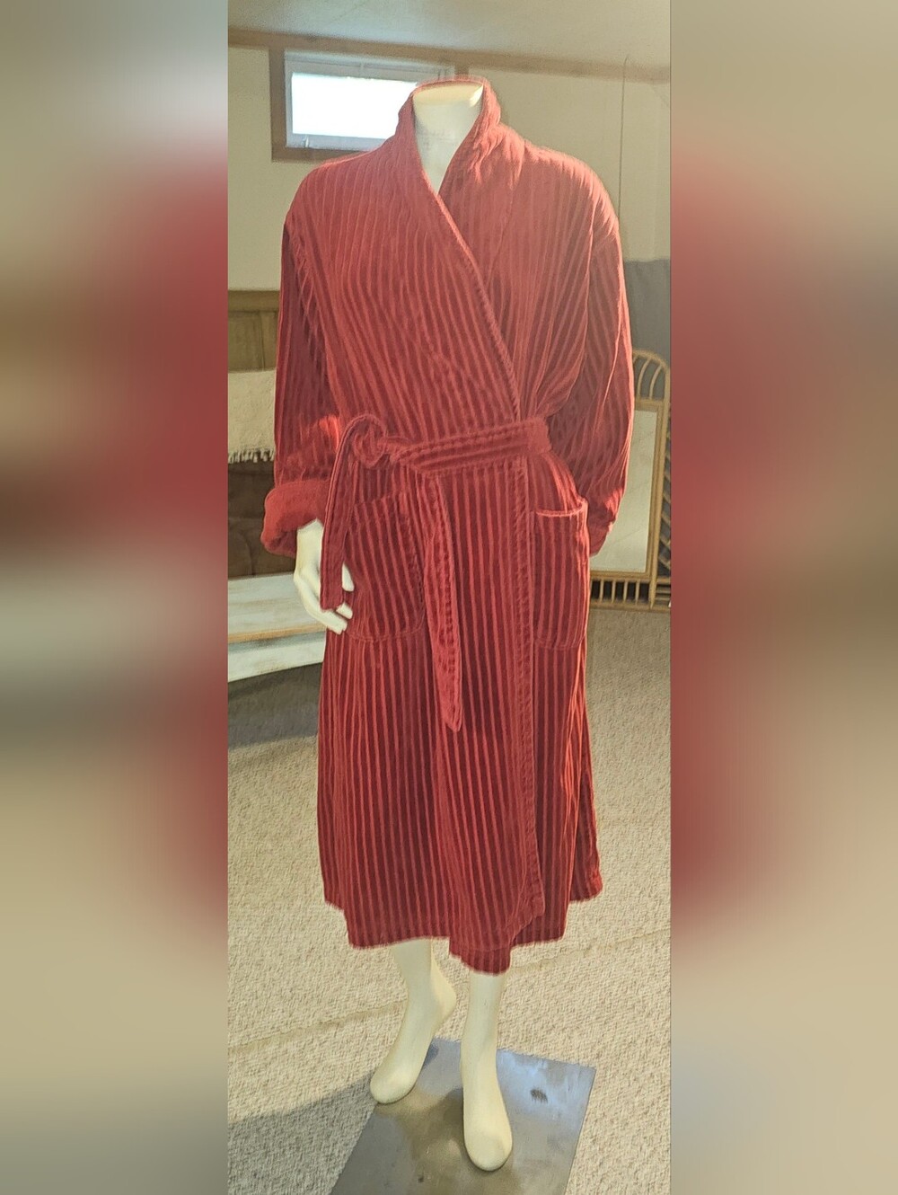Laura Ashley Plush Ribbed Shawl-Collar Robe in Red